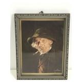 Vintage framed print of old man smoking