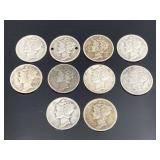 Ten Mercury Head Dimes 1927 - 1945