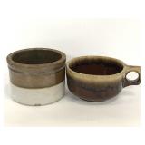 Brown ceramic soup mug and small planter