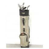 Titleist golf bag with assorted clubs
