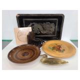 Wood tray and plates, bookend and duck decor