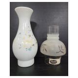Burnman and milk glass oil lamp shades