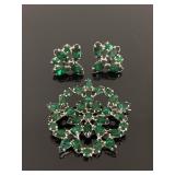 Emerald green rhinestone brooch & earrings