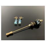 Vintage stick pin & blue crystal earrings