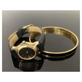 Vintage black & gold tone watch & bangle bracelet