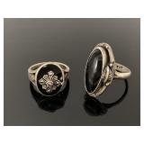 Pair of vintage 925 silver & black stone rings