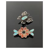 Turquoise stone butterfly & flower brooch pair