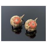 Antique gold & coral earrings - marked 585