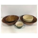 Two wood bowls & 3 ceramic bowls
