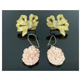 Pink carved flowers & crystal bow earrings