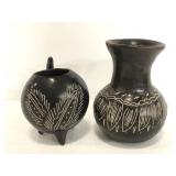 Two hand made carved pottery vases