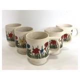 Five ceramic red floral mugs
