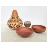 Vintage carved gourd trinket box & clay pottery