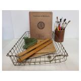 Antique vintage school supplies in metal tray