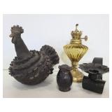 Vintage pottery, oil lamp, and candle holder