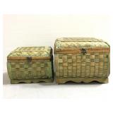 Two Bombay green & gold painted woven crates