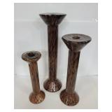 Set of 3 bronze art glass candle holders