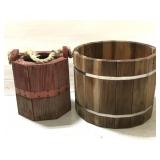 Two wooden bucket planters- one hanging