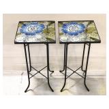 Two metal patio side tables w/ embossed glass tops