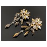 Vintage two-tone crystal flower dangle earrings