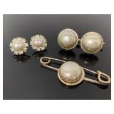 Vintage rhinestone & pearl pin & cufflinks