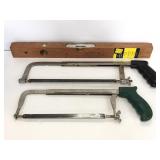 Wooden level w/ Quaker City and other hack saws