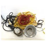 Two assorted shop lights with two extension cords