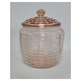 Pink depression glass jar with lid