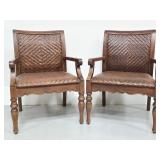 Pair of antique-style wood leather woven chairs