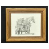 Horses leading cart framed pencil drawing