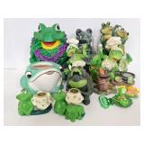 Frog figurines, planter, candlesticks and magnets