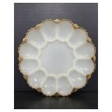 Milk glass devil egg dish w/ gold trim