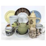 Assorted ceramic plates, mugs, pitchers, etc.