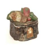 Pottery vintage Sleepy dwarf on log cookie jar