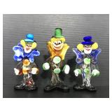 3 blown glass art clowns