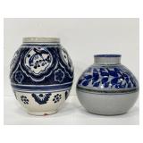 Rotund blue glazed pottery vase pair