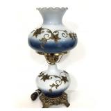 Brass and blue glass hurricane converted lamp