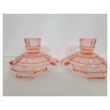 Vintage pink glass candlestick pair