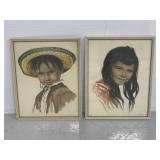 Pair of pencil & watercolor kids portraits