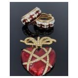 Sparkling crystal heart brooch & earrings