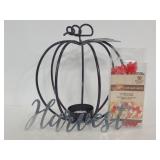 Metal pumpkin candle holder, lights & sign