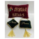 Three embroidered velvet holiday pillows