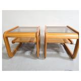 Pair of glass top wood MCM side tables