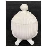 Vintage milk glass three footed vanity jar w/ lid