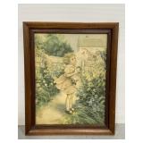Vintage wood framed girl in garden print