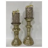 Pair of gold tone glass pedestal candle holders