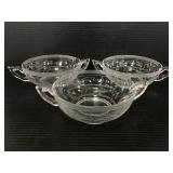 Trio of etched double handle glass bowls