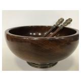 Vintage wood salad bowl set with metal accents