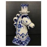 Russian ceramic blue & white horse candlestick