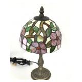 Small embossed metal lamp w/ stained glass shade